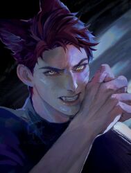  1boy animal_ears black_shirt blue_theme cassandra_(avocasso) clenched_teeth commentary crew_cut english_commentary fangs highres looking_at_viewer love_and_deepspace male_focus muscular muscular_male nose red_hair shirt short_hair solo teeth upper_body valko_(love_and_deepspace) wolf_ears yellow_eyes 