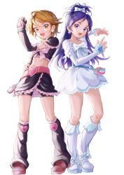  2girls absurdres arm_warmers bag belt belt_buckle bike_shorts black_arm_warmers black_gloves black_leg_warmers black_shirt black_shorts black_skirt blue_belt bow bowtie brown_eyes brown_hair brown_shoes buckle clenched_hand commentary cropped_shirt cure_black cure_white determined dot_nose dress earrings eyelashes fighting_stance fingerless_gloves forehead frilled_arm_warmers frilled_leg_warmers frilled_skirt frilled_sleeves frills full_body futari_wa_precure gloves hair_between_eyes hair_bow hair_ornament hand_on_own_hip heart heart-shaped_buckle heart_earrings heart_hair_ornament high_ponytail highres jewelry lace-trimmed_dress lace_trim leg_warmers long_hair looking_at_viewer magical_girl midriff miniskirt misumi_nagisa multiple_girls navel open_mouth pink_bag pink_belt pink_bow pink_bowtie poe_(528yuzunon) ponytail precure purple_hair shirt shoes short_dress short_hair short_ponytail short_sleeves shorts shorts_under_skirt simple_background skirt split_ponytail standing tachi-e teeth untranslatable_commentary upper_teeth_only v-shaped_eyebrows very_long_hair violet_eyes waist_bag white_arm_warmers white_background white_bow white_bowtie white_dress white_leg_warmers white_shoes yukishiro_honoka 