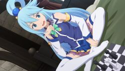  1girl aqua_(konosuba) bare_shoulders blue_choker blue_eyes blue_hair blue_shirt blue_skirt board_game bow bowtie brick_wall chess chess_piece chessboard choker detached_sleeves dutch_angle frilled_choker frills full_body game_asset green_bow green_bowtie hair_ornament hair_rings hand_up highres indian_style indoors king_(chess) kono_subarashii_sekai_ni_shukufuku_wo! kono_subarashii_sekai_ni_shukufuku_wo!_kono_yokubukai_game_ni_shinpan_o! long_hair looking_at_viewer no_shoes non-web_source official_art on_bed open_mouth pawn_(chess) queen_(chess) self-datamine shirt single_hair_ring sitting skirt sleeveless sleeveless_shirt smile solo sphere_hair_ornament sweatdrop thigh-highs white_sleeves white_thighhighs 