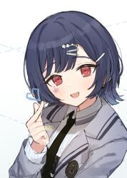  1girl absurdres black_necktie blue_hair blush collared_shirt commentary_request finger_heart grey_jacket hair_ornament hairclip hand_up highres idolmaster idolmaster_shiny_colors idolmaster_shiny_colors_song_for_prism jacket long_sleeves looking_at_viewer morino_rinze multiple_hairclips necktie official_alternate_costume official_alternate_hairstyle open_mouth poppo_yo_say red_eyes shirt short_hair smile solo upper_body white_shirt 