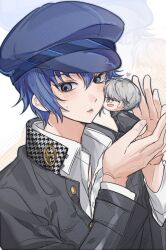  1boy 1girl asjaooo black_jacket blue_eyes blue_hair blush chibi commentary_request emblem gakuran grey_eyes grey_hair hair_between_eyes hat heart highres houndstooth jacket korean_commentary long_sleeves narukami_yu newsboy_cap persona persona_4 school_emblem school_uniform shirogane_naoto shirt short_hair sidelocks size_difference sweat translation_request white_shirt yasogami_school_uniform 