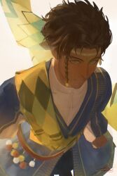  1boy braid claude_von_riegan claude_von_riegan_(distant_deer) closed_mouth commentary dark-skinned_male dark_skin english_commentary fire_emblem fire_emblem:_three_houses fire_emblem_heroes from_above highres male_focus official_alternate_costume oneoutros shirt signature solo white_background white_shirt 