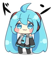  1girl :3 ahoge blue_eyes blue_hair blue_necktie blush_stickers chibi chibi_only closed_mouth commentary_request detached_sleeves double-parted_bangs full_body hair_between_eyes hatsune_miku long_hair looking_at_viewer necktie nukotun simple_background smile solo standing twintails very_long_hair vocaloid vocaloid_boxart_pose white_background 