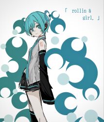  1girl adapted_hairstyle alternate_hair_length_(shorter) aqua_eyes aqua_hair aqua_necktie bags_under_eyes bandaid bandaid_on_face bandaid_on_nose bare_shoulders black_skirt black_sleeves black_thighhighs blush closed_mouth commentary_request crescent detached_sleeves from_side grey_shirt hatsune_miku headset highres looking_at_viewer looking_to_the_side necktie rolling_girl_(vocaloid) shirt short_hair shoulder_tattoo simple_background single_thighhigh skirt sleeveless sleeveless_shirt sleeves_past_wrists smile solo song_name tattoo thigh-highs vocaloid wawo21mutnjngp white_background 