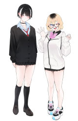  2girls :d ;d absurdres aki_(rerrere) black_cardigan black_hair black_skirt black_socks blonde_hair blue_eyes bow bowtie brown_shoes cardigan cross cross_earrings earrings full_body glasses haru_(rerrere) highres jacket jewelry kneehighs loafers long_sleeves miniskirt multicolored_hair multiple_girls necktie one_eye_closed original pink_bow pink_bowtie pleated_skirt red_necktie rerrere roots_(hair) shoes simple_background skirt smile socks standing streaked_hair white_background white_jacket white_shoes yellow_eyes 