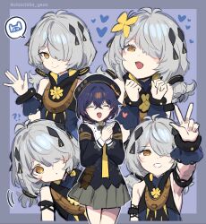  2girls ? ?? absurdres antenna_hair aurelia_academy_school_uniform bare_shoulders belle_(brilliance_of_stars)_(zenless_zone_zero) belle_(zenless_zone_zero) black_dress black_hat black_sweater blue_dress blue_hair blush brown_eyes closed_eyes commentary crossed_bangs dracaene_sunbringer dress green_skirt grey_background grey_hair grin hair_between_eyes hair_over_one_eye hand_up hat heart highres motion_lines multiple_girls necktie official_alternate_costume ooyun open_mouth own_hands_together parted_lips school_uniform short_hair skirt smile sweater two-tone_dress untranslatable_commentary w waving yellow_necktie zenless_zone_zero 