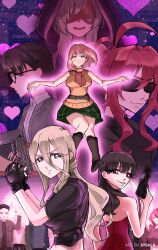  6+girls absurdres ada_wong ada_wong_(cosplay) antenna_hair artist_name ashley_graham ashley_graham_(cosplay) baio_rin black_gloves black_hair blonde_hair blue_eyes blush braid brown_hair commentary cosplay english_commentary facial_mark fingerless_gloves glasses gloves grin gun hair_between_eyes hanazono_hakari handgun heart heart-shaped_pupils heart_facial_mark highres holding holding_gun holding_weapon iin_chiyo jpsklr kedarui_aashii kimi_no_koto_ga_dai_dai_dai_dai_daisuki_na_100-nin_no_kanojo leon_s._kennedy leon_s._kennedy_(cosplay) long_hair_between_eyes mark_under_eye movie_poster_(medium) multiple_girls parody pink_eyes pink_hair red_eyes red_hair resident_evil resident_evil_4 shaded_face sharp_teeth smile sunglasses symbol-shaped_pupils teeth textless_version weapon yakuzen_kusuri yamato_nadeshiko_(hyakkano) 