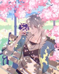  1boy anotherside_rd bench blue_jacket character_doll cherry_blossoms commentary_request crow_armbrust dappled_sunlight day doll double-parted_bangs eiyuu_densetsu fur_collar grey_hair hair_between_eyes highres holding holding_stuffed_toy jacket jewelry kai_no_kiseki korean_commentary kuro_no_kiseki_(series) lamppost long_sleeves looking_at_viewer male_focus mullet necklace one_eye_closed open_clothes open_jacket outdoors park_bench pendant rean_schwarzer red_eyes ribbed_shirt shirt short_hair sitting sleeve_rolled_up smile solo stuffed_toy sunlight upper_body 