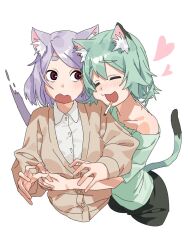  2girls :3 animal_ear_fluff animal_ears bare_shoulders blush cardigan cat_ears cat_girl cat_tail cigarette closed_eyes collared_shirt green_hair heart horienn0909 hug hug_from_behind long_sleeves multiple_girls off_shoulder open_mouth purple_hair red_eyes satou_imoko shirt short_hair siblings simple_background sisters smile tail white_background white_shirt yani_neko yani_neko_(yani_neko) 