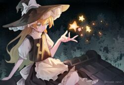  1girl absurdres apron black_hat black_skirt black_vest blonde_hair bow braid closed_mouth commentary_request frilled_skirt frills hair_bow hat hat_bow highres kirisame_marisa long_hair magic on_roof puffy_short_sleeves puffy_sleeves sei_(sei_ha1) short_sleeves side_braid single_braid skirt smile solo star_(symbol) touhou twitter_username very_long_hair vest waist_apron white_apron white_bow witch_hat yellow_eyes 