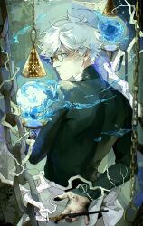  1boy absurdres artist_name black_shirt blue_eyes bubble chain commentary english_commentary expressionless floating from_behind highres hinamie holding holding_pen ink_stain long_sleeves looking_at_viewer magic male_focus mature_male nib_pen_(object) pen pince-nez plant_roots qifrey_(tongari_boushi_no_atelier) shirt short_hair solo tongari_boushi_no_atelier upper_body water white_hair 