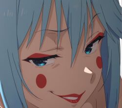  1girl blue_eyes blue_hair clown_makeup commentary copyright_request highres lipstick makeup non-web_source red_lips smile 
