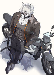  1boy abs axzybrevz black_gloves dog_tags from_above gloves grey_jacket grey_tank_top highres jacket leaning_against_motorcycle leather leather_jacket looking_at_viewer mechanical_legs motor_vehicle motorcycle muscular muscular_male orange_eyes pectorals tail tank_top von_lycaon white_fur white_hair wolf wolf_boy zenless_zone_zero 