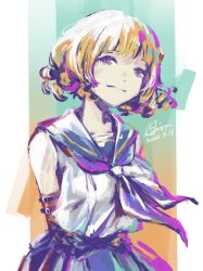  1girl aqua_background arm_belt arms_behind_back artist_name assault_lily belt_buckle black_shirt blonde_hair blue_skirt buckle closed_mouth commentary crop_top dated detached_sleeves drill_hair gradient_background highres imamura_yukari_(assault_lily) light_smile looking_at_viewer necktie nekomint odaiba_girls_high_school_uniform orange_background outside_border pillarboxed purple_necktie school_uniform shirt short_hair signature skirt sleeveless sleeveless_shirt solo standing two-tone_background undershirt upper_body violet_eyes white_shirt 