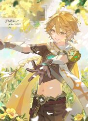  1boy aether_(genshin_impact) ahoge arm_armor armor artist_name belt blonde_hair blush braid brown_belt brown_gloves brown_pants brown_shirt bush commentary_request cowboy_shot day earrings floating_hair flower genshin_impact gloves gold_trim hair_between_eyes hair_ornament hair_ribbon hair_tubes hands_up highres house jewelry leaf long_hair looking_to_the_side low-braided_long_hair low-tied_long_hair male_focus midriff navel outdoors pants petals ribbon scarf shirt short_sleeves shoulder_armor signature single_braid single_earring single_hair_tube smile solo standing star_(symbol) sunlight teeth white_ribbon white_scarf window yellow_eyes yellow_flower zashikino_shiki 