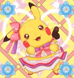  :3 :d abstract_background animal_focus bilingual_commentary blue_flower blush bow bowtie brown_eyes clothed_pokemon commentary cosplay_pikachu english_commentary flower hair_bow heart jirachicute28 looking_at_viewer mixed-language_commentary no_humans pikachu pikachu_pop_star pink_bow pink_bowtie pink_shoes pink_skirt pokemon pokemon_(creature) pokemon_focus shoes skirt smile solo 