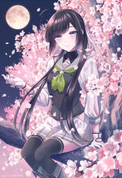  1girl ahoge black_hair black_thighhighs branch cherry_blossoms full_body green_neckerchief grey_eyes grey_sailor_collar grey_vest hair_over_shoulder hair_ribbon hanazuki_(kancolle) highres kabocha_torute kantai_collection neckerchief ribbon sailor_collar shirt sitting skirt smile solo thigh-highs vest white_shirt white_skirt 