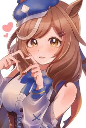  1girl animal_ears bare_shoulders blue_bow blue_hat blush bow breasts brown_hair center_frills clothing_cutout commentary_request corset ears_through_headwear four-finger_heart_hands frills hair_ornament hairclip hat heart heart_hands highres horse_ears horse_girl looking_at_viewer matikanetannhauser_(clippety-tippety-clop)_(umamusume) matikanetannhauser_(umamusume) medium_breasts medium_hair multicolored_hair newsboy_cap open_mouth parallel_hairclips red_corset shirt shoulder_cutout simple_background smile solo streaked_hair tilted_headwear umamusume upper_body white_background white_shirt wosiwosi yellow_eyes 