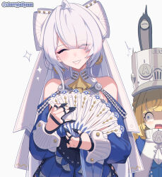  2girls ascot bare_shoulders black_gloves blonde_hair blue_dress blue_eyes blue_jacket blush closed_eyes clothing_cutout commentary_request dress earrings gloves grey_background grey_hair grey_hat grin hair_over_one_eye hand_fan hat highres holding holding_fan jacket jewelry large_hat long_hair looking_at_another miri_(cherryjelly) mole mole_under_mouth multiple_girls norma_hollowell open_mouth pointy_ears shako_cap shoulder_cutout smile sparkle twitter_username velina_airgid yellow_ascot zenless_zone_zero 