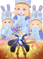  +_+ 1girl arms_up blonde_hair blue_jacket blush closed_eyes commentary_request explosion gloves grey_hat grey_helmet hands_up hat helmet highres jacket large_hat long_hair looking_at_viewer multiple_views norma_hollowell open_mouth shako_cap smile thigh-highs uixy very_long_hair violet_eyes white_background white_gloves white_thighhighs zenless_zone_zero 