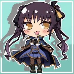  1girl :d aqua_background assault_lily belt black_belt black_boots black_necktie black_ribbon blue_cloak blue_shirt boots border brown_gloves brown_pantyhose chibi chibi_only cloak collared_shirt commentary_request drop_shadow elbow_gloves fingerless_gloves full_body gloves hair_ribbon hands_up hishida_haru inset_border knee_boots long_hair looking_at_viewer necktie no_pupils o-ring o-ring_belt odaiba_girls_high_school_uniform open_mouth outline outside_border pantyhose purple_hair ribbon school_uniform shirt smile solo standing twintails v-shaped_eyebrows very_long_hair waist_cape white_border white_outline white_shirt yellow_eyes yellow_ribbon yuzuki_suzuha 