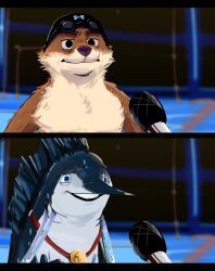  2boys absurdres annoyed black_eyes black_hat blue_eyes commentary confused english_commentary english_text fish_boy furrification furry furry_male goggles goggles_on_head hat highres michael_phelps microphone multiple_boys olympics real_life rodolfo_falcon_cabrera smile swim_cap wonder3mporium 