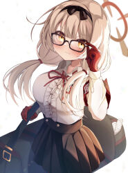  1girl absurdres adjusting_eyewear bag black-framed_eyewear black_bag black_bow black_hairband black_skirt blue_archive blunt_bangs blush bow breasts brown_hair center_frills chinatsu_(blue_archive) closed_mouth commentary_request cowboy_shot eyes_visible_through_hair floating_hair frilled_shirt frills frown glasses gloves hair_bow hairband halo hand_up highres kagurazaka_(zwyz7227) large_breasts long_sleeves low_twintails miniskirt pleated_skirt pointy_ears red_gloves red_halo school_uniform shirt shoulder_bag sidelighting simple_background skirt solo sweatdrop twintails wavy_mouth white_background white_shirt yellow_eyes 