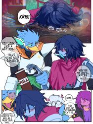  1girl 1other 2boys armor berdly_(dark_world)_(deltarune) berdly_(deltarune) blue_feathers blue_hair blue_skin blush closed_eyes closed_mouth colored_skin deltarune drunk english_commentary english_text feathers goat_horns heartbreak_juan highres horns kris_(dark_world)_(deltarune) kris_(deltarune) looking_at_another multiple_boys open_mouth pink_hair pink_horns ralsei round_eyewear speech_bubble susie_(dark_world)_(deltarune) susie_(deltarune) utdr_(toby_fox) white_fur 