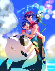  1boy 1girl ^_^ black_hair black_pants black_shoes blue_hair braid chinese_clothes closed_eyes closed_mouth commentary elgarez english_commentary fuurinkan_high_school_uniform hetero highres holding holding_hose hose hug open_mouth p-chan_(ranma_1/2) panda pants piglet ranma_1/2 saotome_genma_(panda) saotome_ranma saotome_ranma_(male) school_uniform shoes short_hair single_braid sleeveless smile socks tangzhuang tendou_akane white_socks 