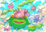  :d :t clouds commentary_request day evolutionary_line flying gara_(qbeuxvii22) highres hoppip jumpluff no_humans open_mouth outdoors pokemon pokemon_(creature) skiploom sky smile tongue yellow_eyes 