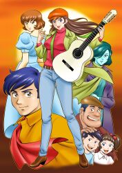  3boys 4girls aqua_dress ascot beard_stubble belt belt_buckle black_hair blue_dress blue_eyes blue_hair blue_pants blue_shirt blue_skin boots bow breasts brown_belt brown_boots brown_eyes brown_hair brown_hat brown_jacket buckle closed_mouth coat collared_shirt colored_skin commentary_request denim dress facial_hair fanny_(sasurai_no_taiyou) green_coat green_hair guitar guitar_strap hair_bow hair_over_one_eye hand_on_another's_head hand_up hat headpat high_heel_boots high_heels highres holding holding_guitar holding_instrument instrument jacket jeans kazuo_(sasurai_no_taiyou) kouda_miki kumagorou_(sasurai_no_taiyou) lapels large_breasts long_hair looking_at_viewer looking_back mine_nozomi multiple_boys multiple_girls newsboy_cap niina_akihiko nohara_michiko one_eye_covered open_clothes open_coat open_jacket open_mouth orange_hat orange_shirt pants pink_shirt puffy_short_sleeves puffy_sleeves purple_coat red_ascot red_bow red_sweater sasurai_no_taiyou shirt short_hair short_sleeves smile standing stubble sun sunset sweater teeth turtleneck turtleneck_sweater twintails upper_teeth_only yuki_(sasurai_no_taiyou) 