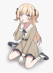  1girl absurdres bang_dream! bang_dream!_our_notes black_choker black_ribbon black_shoes blonde_hair brown_dress choker commentary_request dress from_above green_eyes hair_ribbon highres long_hair long_sleeves looking_at_viewer medium_hair multiple_girls o-ring o-ring_choker open_mouth ribbon shinomiya_shizuku shirt shoes simple_background sitting socks solo two_side_up violet_eyes wariza warp44717 white_background 