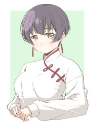  1girl black_hair blush border brown_eyes chang_chin-lan china_dress chinese_clothes closed_mouth dress earrings green_background jewelry kamiina_botan_yoeru_sugata_wa_yuri_no_hana luckluck short_hair simple_background solo upper_body white_border white_dress 