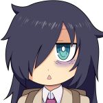  1girl backpack bag bags_under_eyes black_hair blue_eyes bright_pupils brown_jacket collared_shirt commentary_request hair_between_eyes hair_over_one_eye hospital_king jacket kuroki_tomoko long_bangs long_hair necktie open_mouth portrait purple_necktie shirt simple_background solo triangle_mouth watashi_ga_motenai_no_wa_dou_kangaetemo_omaera_ga_warui! white_background white_pupils white_shirt 