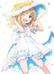  +_+ 1girl ;d alternate_costume bare_arms bare_legs bloomers commentary confetti dot_nose dress fang flower frilled_dress frills green_eyes hands_on_headwear hands_up happy hat hat_flower highres light_blush looking_at_viewer oka_asahi one_eye_closed onii-chan_wa_oshimai! open_mouth parted_bangs simple_background smile solo sun_hat tetesudeesu underwear white_background white_bloomers white_dress white_headwear 