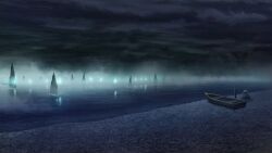  artist_request boat clouds fog game_asset highres hitodama no_humans outdoors overcast river riverbank scenery sky third-party_source touhou touhou_spell_carnival watercraft 