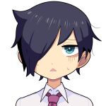  1girl alternate_hairstyle black_hair blue_eyes bright_pupils collared_shirt commentary_request hair_between_eyes hair_over_one_eye hospital_king kuroki_tomoko long_bangs looking_at_viewer necktie open_mouth purple_necktie shirt short_hair simple_background solo triangle_mouth watashi_ga_motenai_no_wa_dou_kangaetemo_omaera_ga_warui! white_background white_pupils white_shirt 