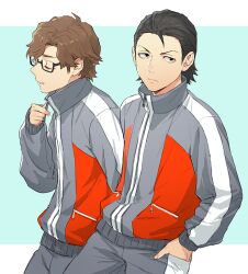  2boys aqua_background black-framed_eyewear black_eyes black_hair border brown_hair closed_mouth commentary_request grey_jacket grey_pants hand_in_pocket high_collar hiraga_keisuke isa_(peien516) jacket letterboxed male_focus multicolored_jacket multiple_boys odagiri_hidetoshi pants persona persona_3 semi-rimless_eyewear short_hair sideburns simple_background track_suit under-rim_eyewear white_border zipper zipper_pull_tab 