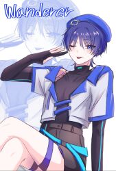  1boy :p alternate_costume arm_at_side beret black_gloves black_shirt black_shorts blue_pupils blue_trim blunt_ends character_name commentary_request contemporary covered_collarbone crossed_legs elbow_gloves eyelashes eyeliner fishnet_top fishnets genshin_impact gloves hand_up hat highres idol korean_commentary looking_at_viewer makeup male_focus one_eye_closed open_hand partially_fingerless_gloves purple_hair purple_hat pyong_deog red_eyeliner scaramouche_(genshin_impact) shirt short_sleeves shorts shoulder_peek solo tongue tongue_out tsurime turtleneck turtleneck_shirt violet_eyes wanderer_(genshin_impact) wanderer_(truth_&amp;_justice)_(genshin_impact) white_background white_sleeves wispy_bangs zoom_layer 
