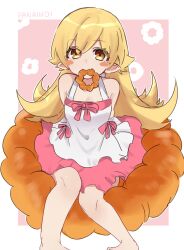  1girl absurdres blonde_hair border commentary_request doughnut dress eating food food_in_mouth highres looking_at_viewer monogatari_(series) oshino_shinobu pink_dress pointy_ears simple_background sitting tsugumi_(tgm_615486) white_border white_dress yellow_eyes 