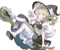  1girl apron asymmetrical_sidelocks back_bow bare_arms bare_legs black_hat black_shoes black_skirt black_vest blonde_hair bloomers bow broom broom_riding buttons closed_mouth colored_eyelashes commentary_request frilled_apron frilled_hat frills full_body hair_between_eyes hair_bow hat hat_bow highres kirisame_marisa koiliblikas light_blush light_particles long_hair looking_at_viewer mary_janes medium_skirt petticoat pointing pointing_up puffy_short_sleeves puffy_sleeves red_bow shirt shoes short_sleeves sidelocks simple_background sitting skirt skirt_set sleeve_bow smile socks solo touhou turtleneck turtleneck_shirt vest waist_apron watermark weibo_watermark white_apron white_background white_bloomers white_bow white_shirt white_socks witch_hat yellow_eyes 