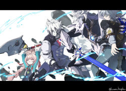  1girl 1other 2boys absurdres ambiguous_gender animal_ears braid commentary_request eyepatch fighting_stance furry furry_female furry_male grey_hair highres hiirono_bangboo letterboxed long_hair long_sleeves multiple_boys pants pink_hair pyrois_(zenless_zone_zero) rabbit_ears rabbit_girl red_eyes sword von_lycaon weapon wise_(zenless_zone_zero) wolf_boy wolf_ears zenless_zone_zero zhao_(zenless_zone_zero) 
