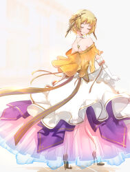  1girl absurdres alternate_costume back bare_shoulders blonde_hair choker citrinne_(fire_emblem) clear_glass_(mildmild1311) closed_eyes closed_mouth commentary_request dress fire_emblem fire_emblem_engage gloves hair_ornament high_heels highres jewelry necklace purple_dress short_hair simple_background smile solo white_choker white_dress white_gloves 