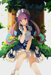  1girl ahoge anchor_print anchor_symbol between_legs blue_bow blue_bowtie blue_dress blue_nails blue_streaks blunt_bangs bobby_socks bow bowtie bush collared_dress colored_inner_hair commentary coria cowboy_shot curled_ends dot_nose dress dress_bow drill_hair finger_to_own_chin fingernails frilled_dress frilled_shirt_collar frills glint hair_bow hand_between_own_legs hand_up highres hololive index_finger_raised invisible_chair leaf light_blush light_particles long_hair looking_at_viewer low_drills maid maid_headdress minato_aqua minato_aqua_(1st_costume) multicolored_hair nail_polish purple_hair short_dress short_sleeves sidelocks sitting socks solo streaked_hair tree twin_drills twintails two-tone_hair under_tree untranslatable_commentary very_long_hair violet_eyes virtual_youtuber white_background white_bow white_socks white_wrist_cuffs wrist_cuffs 