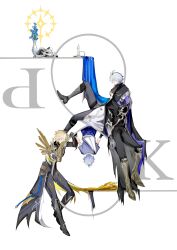  4boys ancient_greek_clothes antenna_hair armor armored_boots b999fnel belt black_belt black_bodysuit black_boots black_cape black_gloves black_pants black_shirt blonde_hair blue_cape blue_flower blue_shirt bodysuit boots candle cape child closed_eyes closed_mouth commentary covering_own_mouth cracked_skin flower from_behind from_side full_body gauntlets gloves greco-roman_clothes grey_hair hair_between_eyes hair_over_one_eye hand_on_own_face highres himation honkai:_star_rail honkai_(series) hood hooded_cape infinity_symbol jacket male_focus multiple_boys multiple_persona pale_skin pants pauldrons phainon_(a_dream_scented_in_wheat)_(honkai:_star_rail) phainon_(flame_reaver)_(honkai:_star_rail) phainon_(honkai:_star_rail) phainon_(khaslana)_(honkai:_star_rail) shirt short_hair short_sleeves shoulder_armor single_gauntlet single_pauldron sitting thigh_strap upside-down vase waist_cape white_background white_jacket 