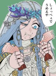  1girl :t blue_cape blue_eyes braid cape chewing choker doll_joints dress eating elden_ring elden_ring_nightreign flower_wreath food food_in_mouth food_on_face gold_trim green_background hand_up head_wreath jewelry joints lobster low_twin_braids maiktake_oka parted_bangs revenant_(elden_ring) solo speech_bubble translation_request twin_braids upper_body veil white_choker white_dress white_hair white_veil white_wrist_cuffs wrist_cuffs 
