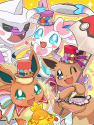  blue_eyes blush_stickers commentary_request eevee eevee_(festive) fangs flareon flareon_(festive) green_eyes hat mini_hat mini_top_hat one_eye_closed open_mouth palkia pokemon pokemon_(creature) pokemon_cafe_remix runachikku sparkle sylveon sylveon_(festive) top_hat torchic umbrella 