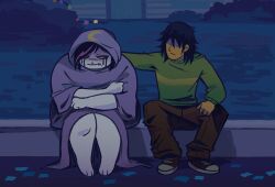  1girl 1other black_hair brown_pants cat_girl catti_(deltarune) colored_sclera colored_skin commentary crying deltarune english_commentary furry furry_female green_sweater hooded_robe kris_(deltarune) moon_print multicolored_hair no_eyes pants pink_streaks purple_robe robe shaded_face sitting streaked_hair sweater utdr_(toby_fox) virtuallyboy white_fur yellow_sclera yellow_skin 