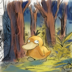  betofu black_eyes commentary english_commentary forest looking_at_viewer nature night no_humans outdoors pokemon pokemon_(creature) psyduck solo tree walking 