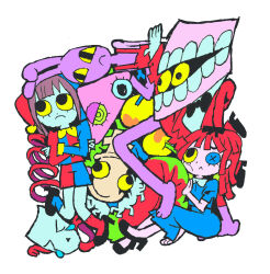  3boys 4girls asymmetrical_eyes asymmetrical_legs button_eyes buttons caine_(the_amazing_digital_circus) chess_piece colored_sclera comedy_and_tragedy_masks dentures detached_eyes eye_in_mouth fur-trimmed_robe fur_trim gangle_(the_amazing_digital_circus) hat hat_bell highres jax_(the_amazing_digital_circus) jester jester_cap jester_costume king_(chess) kinger_(the_amazing_digital_circus) melps multicolored_hat multiple_boys multiple_girls overalls pink_overalls pomni_(the_amazing_digital_circus) rabbit_boy ragatha_(the_amazing_digital_circus) ragdoll robe the_amazing_digital_circus two-tone_hat yellow_sclera zooble_(the_amazing_digital_circus) 